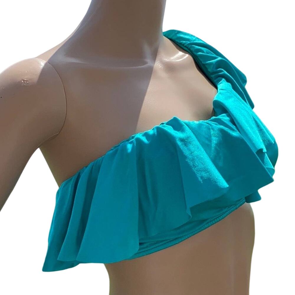 Nicolita Bikini Top M Teal Rumba One Shoulder Padded Swim Top Ruffle New